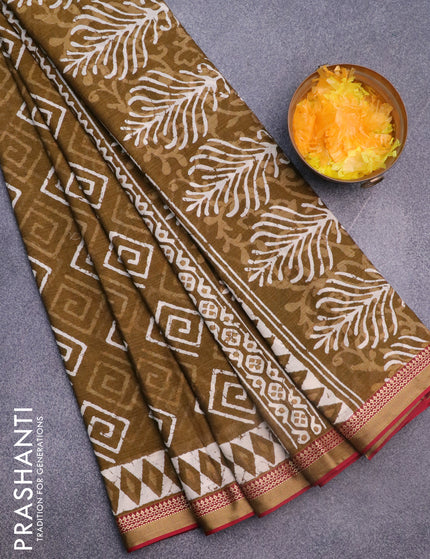 Muslin cotton saree mehendi green and maroon with allover butta prints and thread woven border