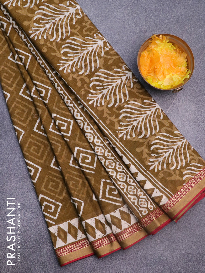 Muslin cotton saree mehendi green and maroon with allover butta prints and thread woven border