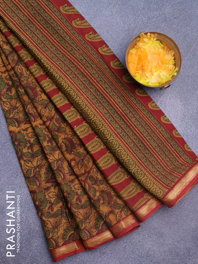 Muslin cotton saree dark mustard and maroon with allover floral prints and small zari woven border