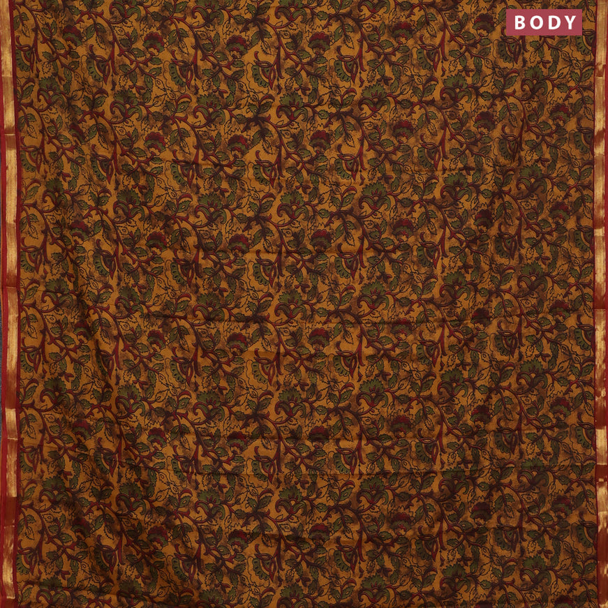 Muslin cotton saree dark mustard and maroon with allover floral prints and small zari woven border