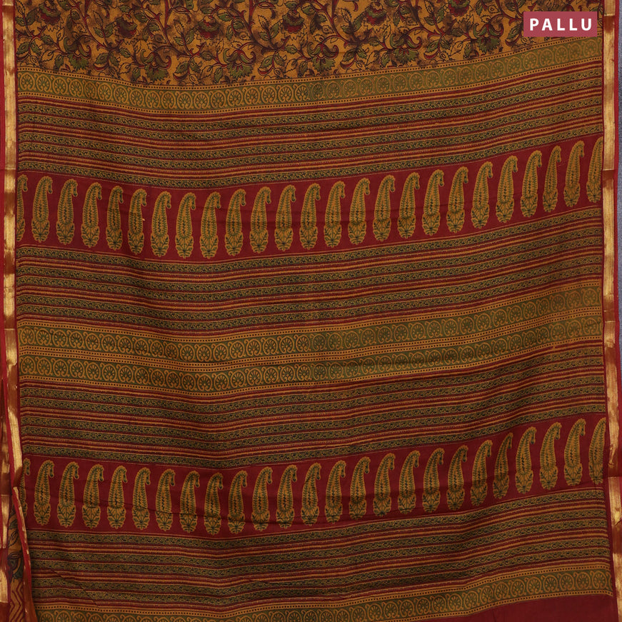 Muslin cotton saree dark mustard and maroon with allover floral prints and small zari woven border