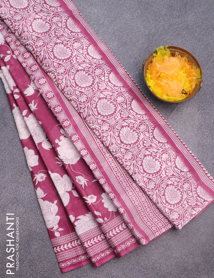 Muslin cotton saree magenta pink and off white with allover floral prints and printed border