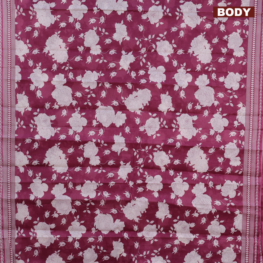 Muslin cotton saree magenta pink and off white with allover floral prints and printed border