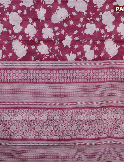 Muslin cotton saree magenta pink and off white with allover floral prints and printed border