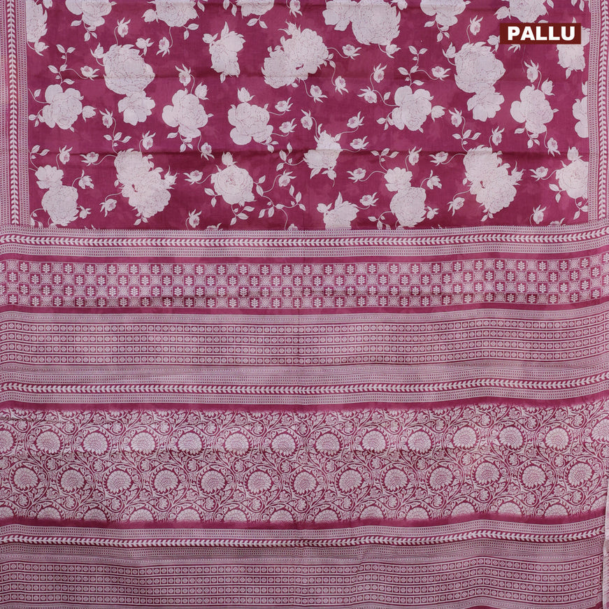 Muslin cotton saree magenta pink and off white with allover floral prints and printed border