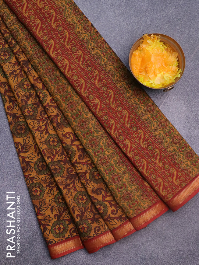 Muslin cotton saree dark mustard and maroon with allover floral prints and small zari woven border