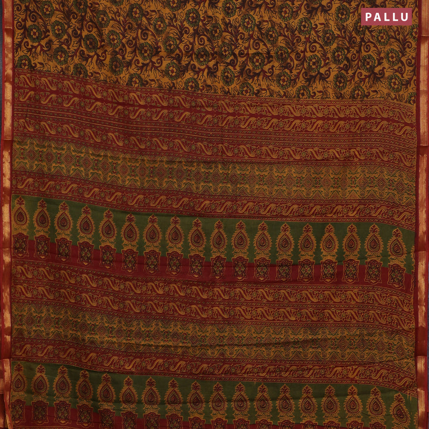 Muslin cotton saree dark mustard and maroon with allover floral prints and small zari woven border