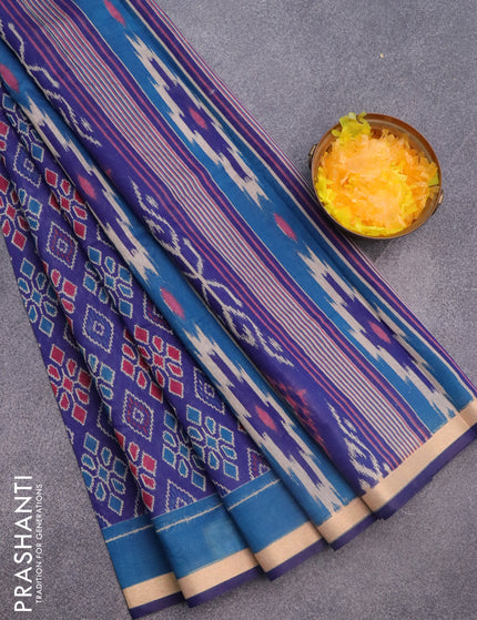 Muslin cotton saree blue and cs blue with allover ikkat prints and small zari woven border