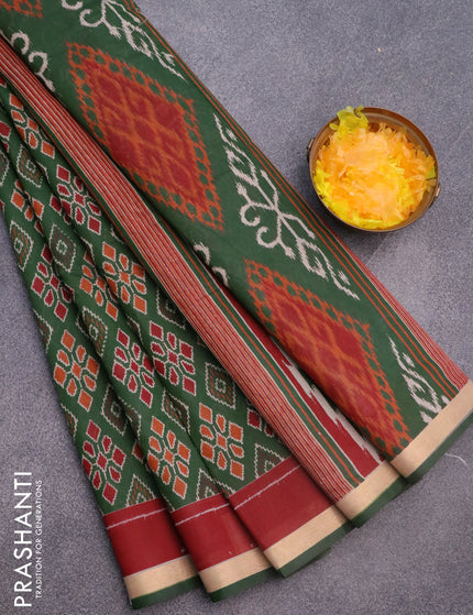 Muslin cotton saree green and maroon with allover ikkat prints and small zari woven border