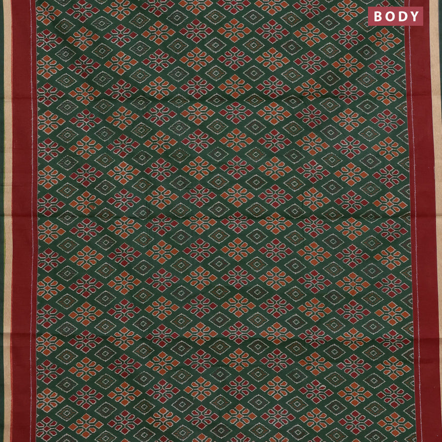 Muslin cotton saree green and maroon with allover ikkat prints and small zari woven border