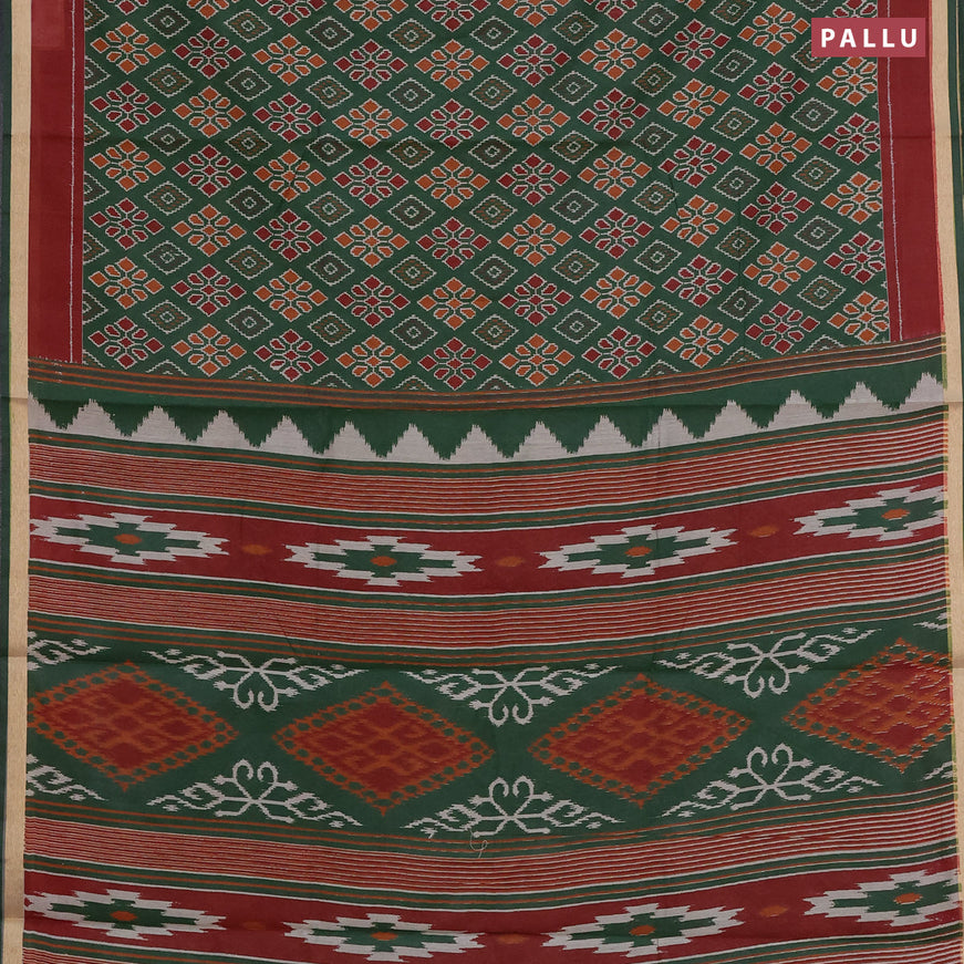 Muslin cotton saree green and maroon with allover ikkat prints and small zari woven border