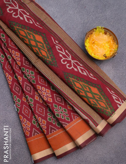 Muslin cotton saree maroon and rust shade with allover ikkat prints and small zari woven border