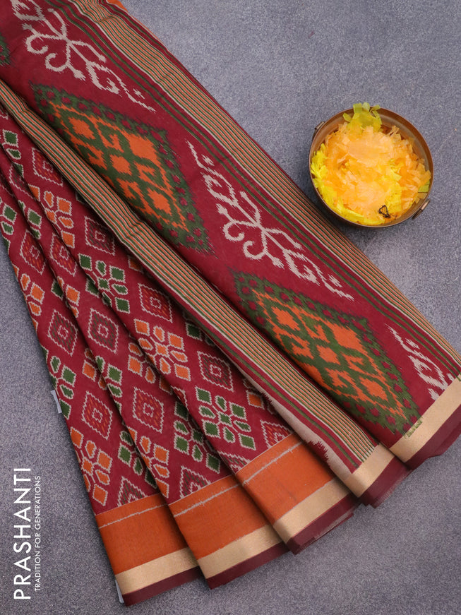 Muslin cotton saree maroon and rust shade with allover ikkat prints and small zari woven border