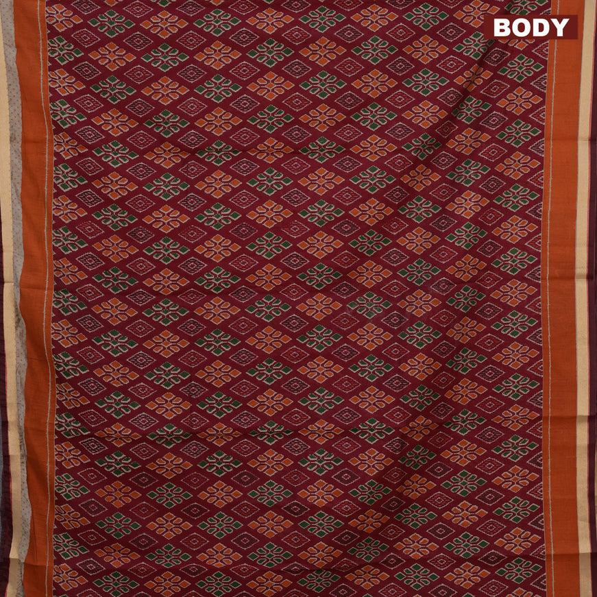 Muslin cotton saree maroon and rust shade with allover ikkat prints and small zari woven border