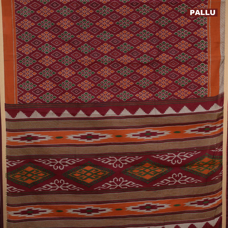 Muslin cotton saree maroon and rust shade with allover ikkat prints and small zari woven border