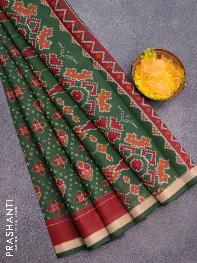 Muslin cotton saree green and maroon with allover ikkat prints and small zari woven border