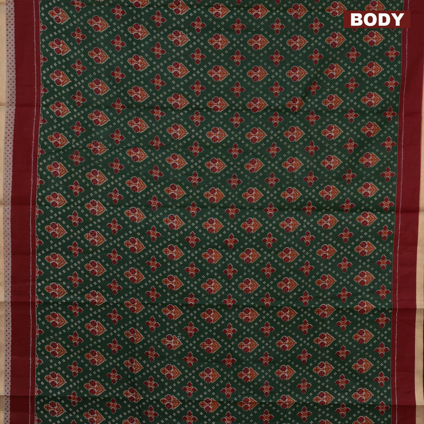 Muslin cotton saree green and maroon with allover ikkat prints and small zari woven border