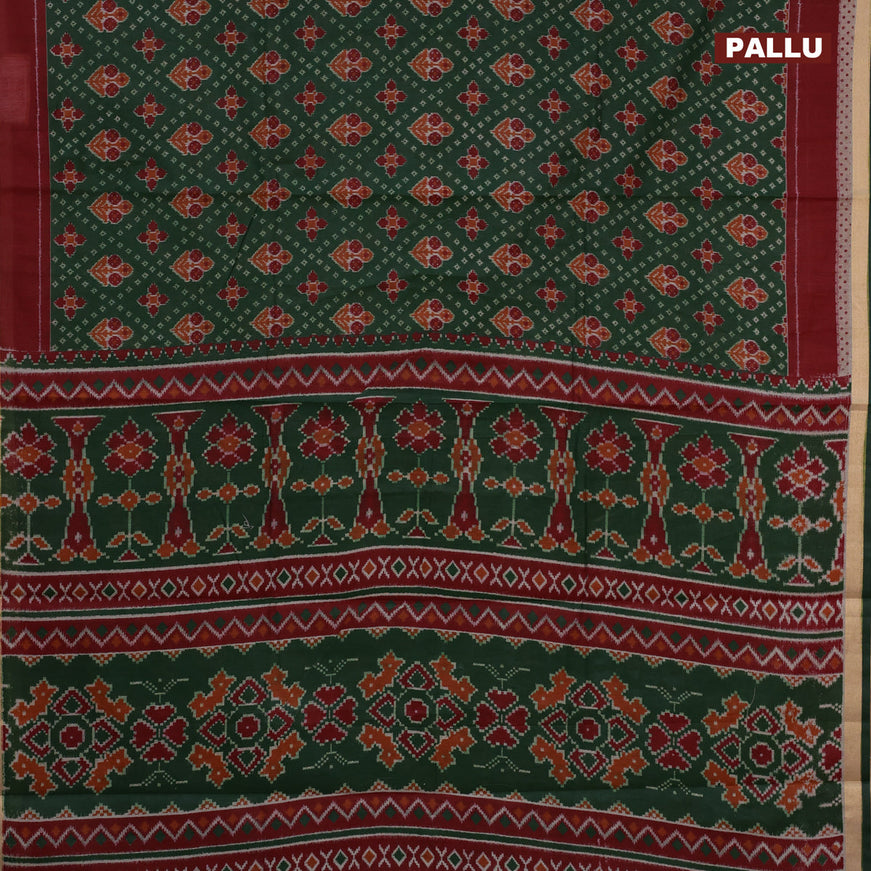 Muslin cotton saree green and maroon with allover ikkat prints and small zari woven border