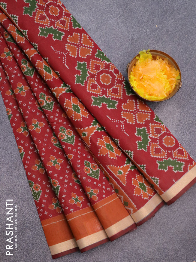 Muslin cotton saree maroon and rust shade with allover ikkat prints and small zari woven border