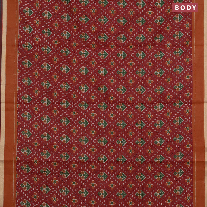 Muslin cotton saree maroon and rust shade with allover ikkat prints and small zari woven border