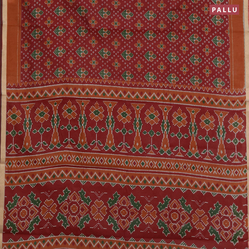 Muslin cotton saree maroon and rust shade with allover ikkat prints and small zari woven border