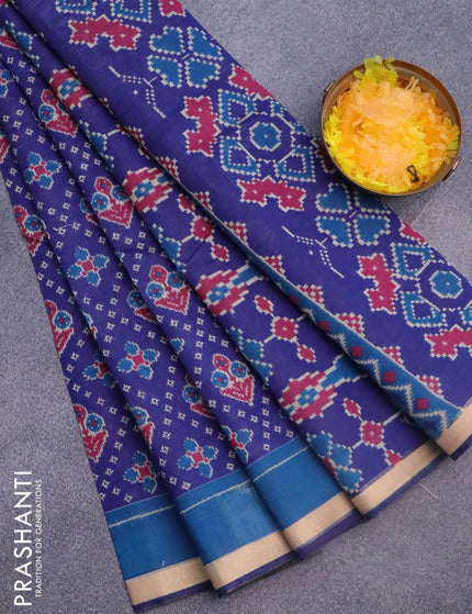 Muslin cotton saree blue and cs blue with allover ikkat prints and small zari woven border