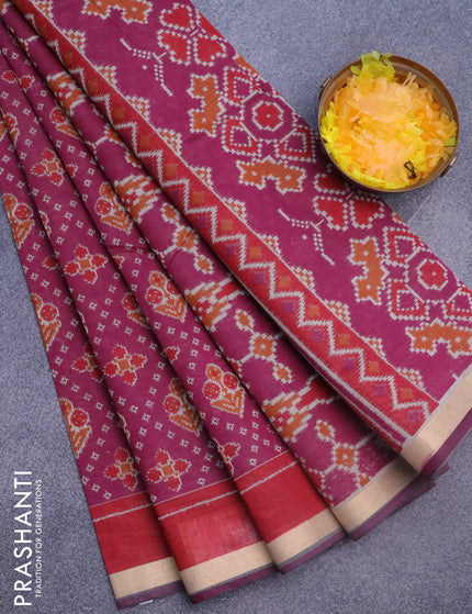 Muslin cotton saree magenta pink and red with allover ikkat prints and small zari woven border