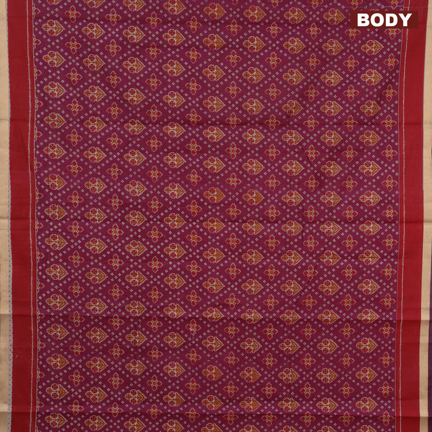 Muslin cotton saree magenta pink and red with allover ikkat prints and small zari woven border