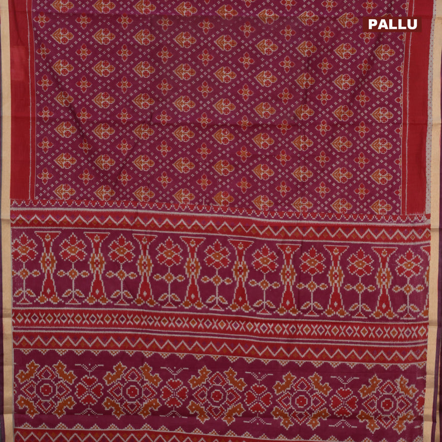 Muslin cotton saree magenta pink and red with allover ikkat prints and small zari woven border