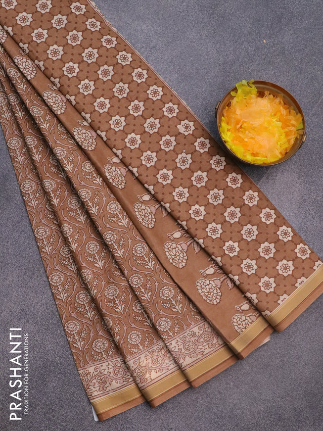 Muslin cotton saree brown with allover prints and printed border