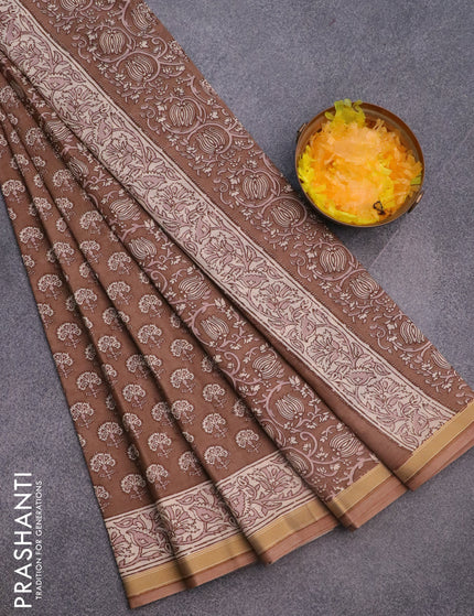 Muslin cotton saree brown with allover floral butta prints and printed border