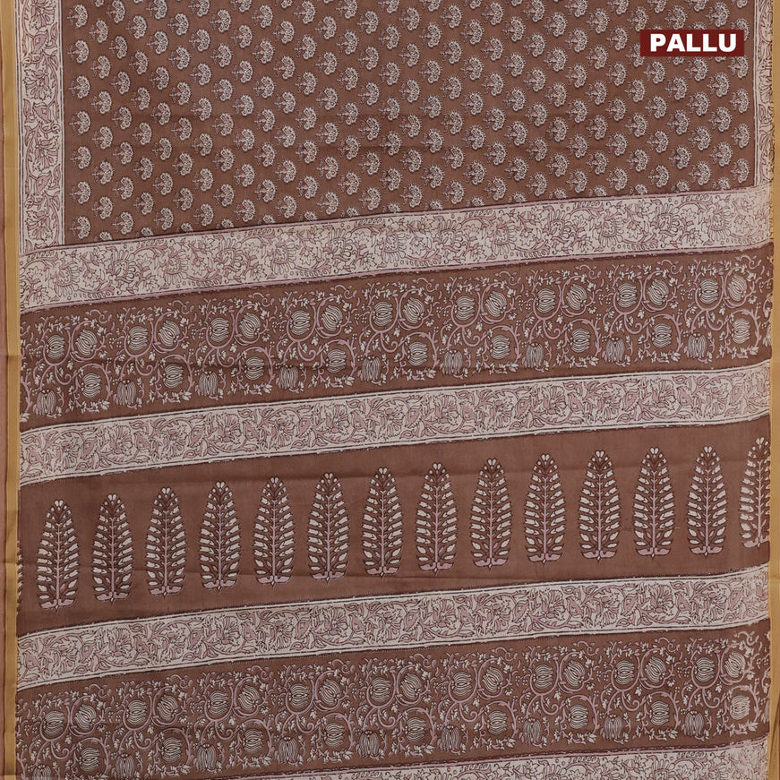 Muslin cotton saree brown with allover floral butta prints and printed border