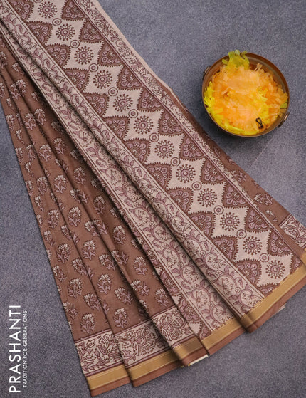 Muslin cotton saree brown with allover floral butta prints and printed border