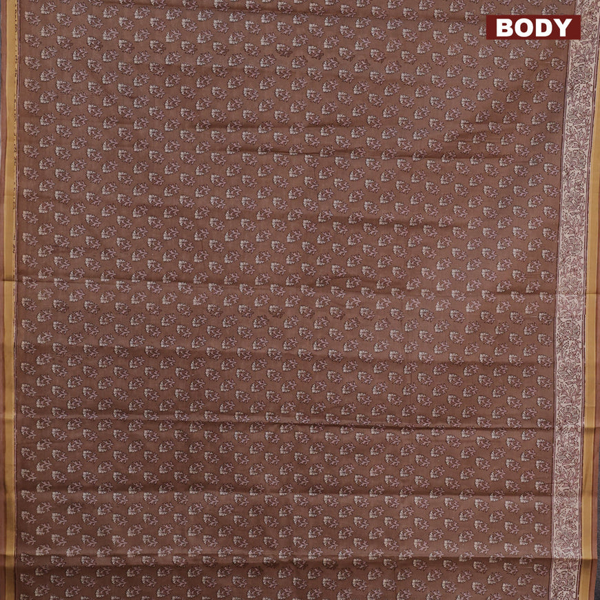 Muslin cotton saree brown with allover floral butta prints and printed border