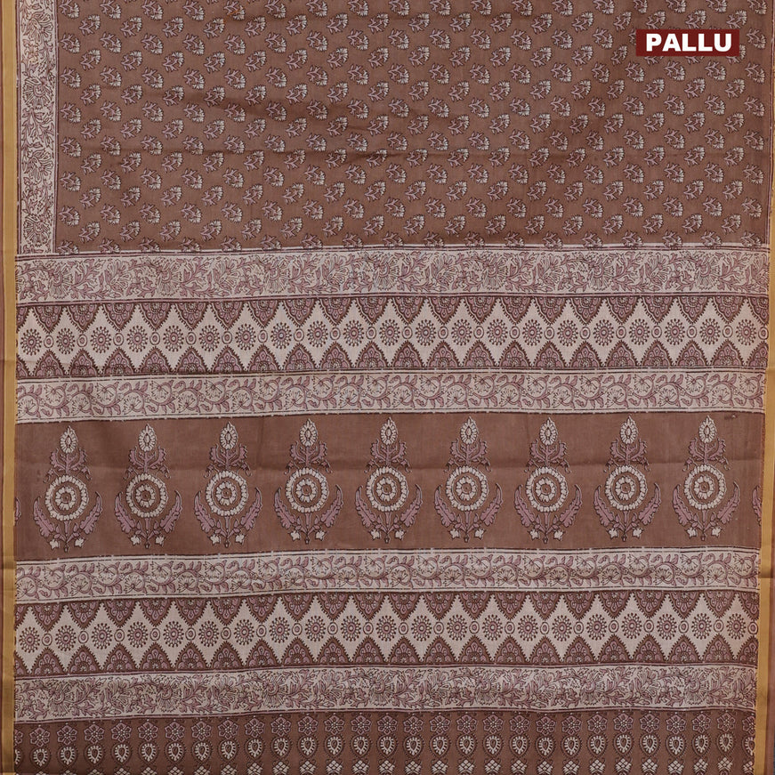 Muslin cotton saree brown with allover floral butta prints and printed border