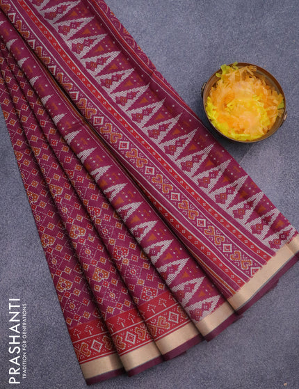 Muslin cotton saree magenta pink and red with allover ikkat prints and small zari woven border