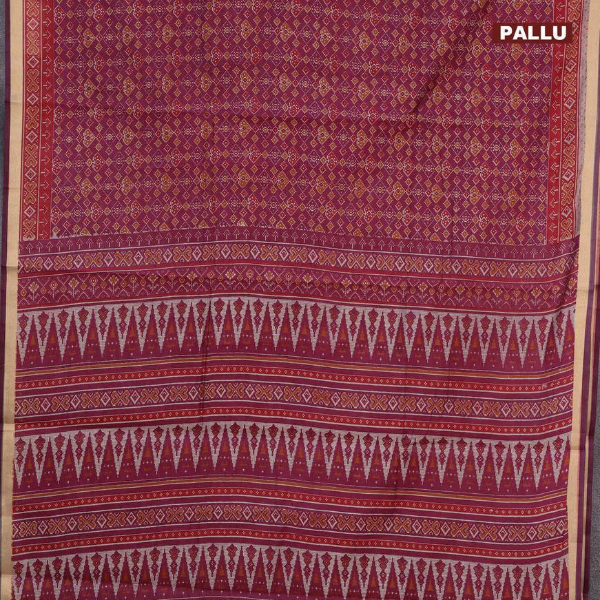 Muslin cotton saree magenta pink and red with allover ikkat prints and small zari woven border