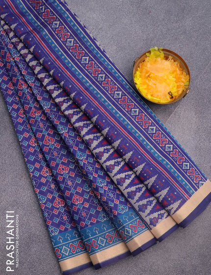 Muslin cotton saree blue and cs blue with allover ikkat prints and small zari woven border