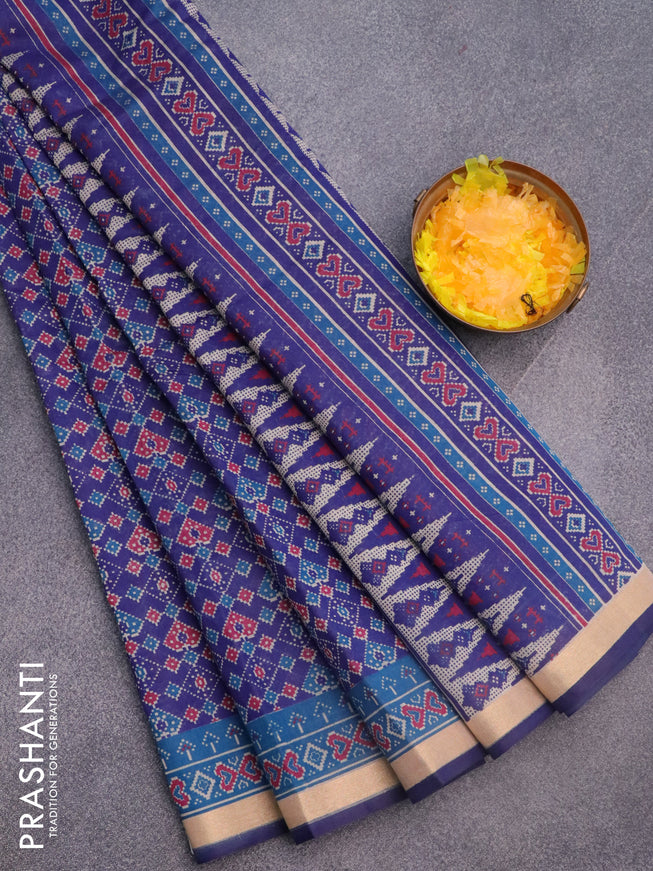 Muslin cotton saree blue and cs blue with allover ikkat prints and small zari woven border