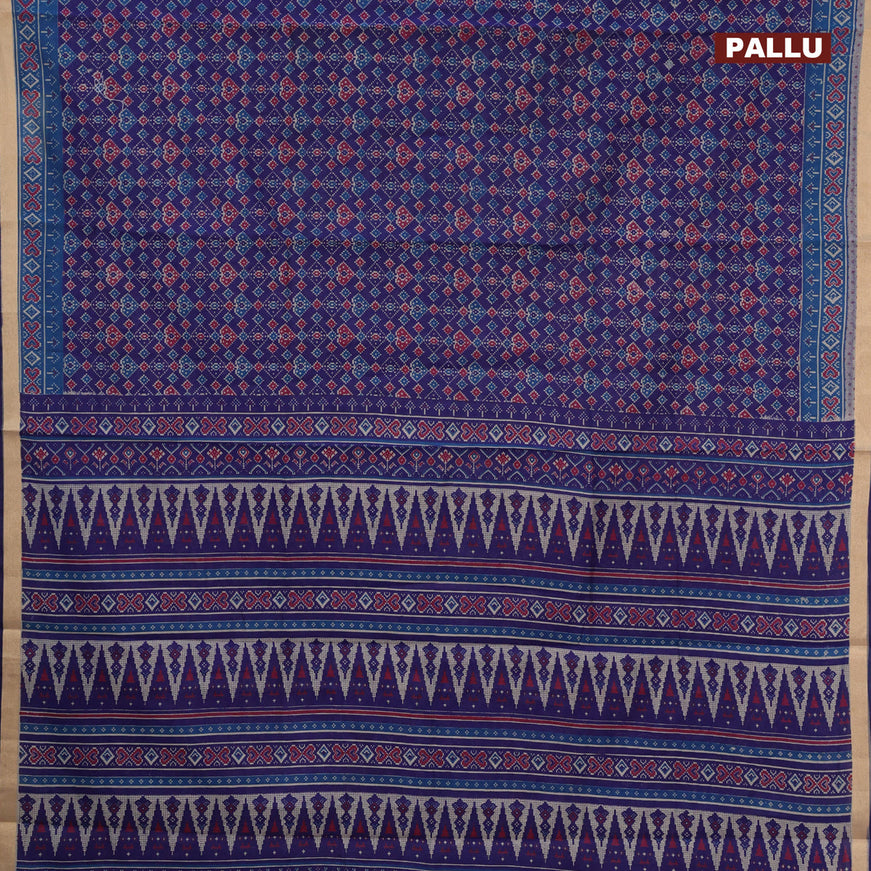 Muslin cotton saree blue and cs blue with allover ikkat prints and small zari woven border