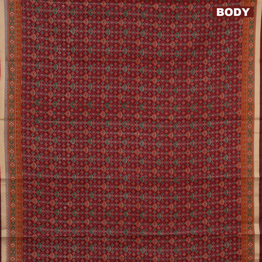 Muslin cotton saree maroon and rustic orange with allover ikkat prints and small zari woven border