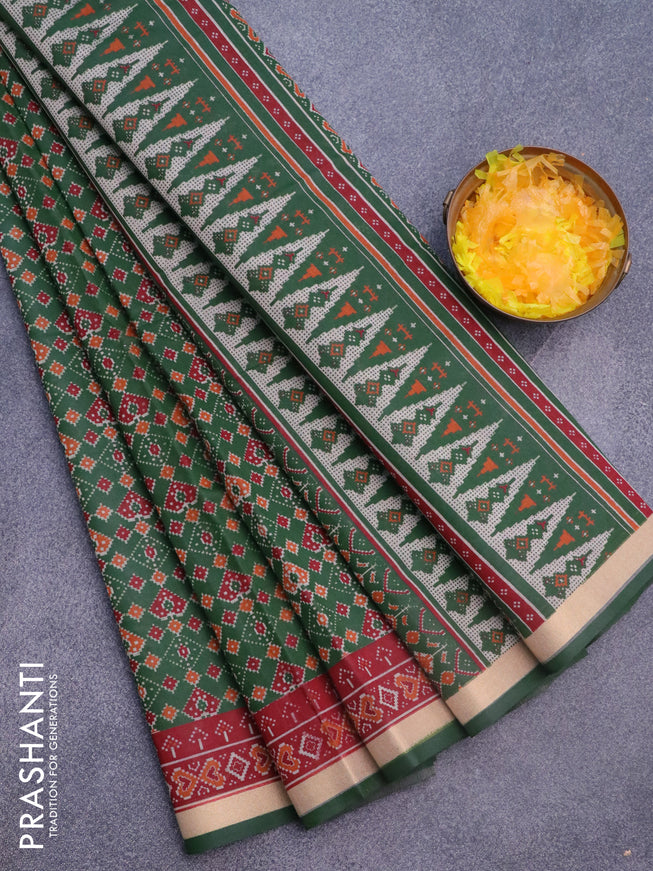 Muslin cotton saree green and maroon with allover ikkat prints and small zari woven border