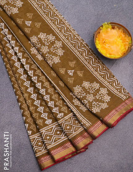 Muslin cotton saree mehendi green and maroon with allover prints and thread woven border