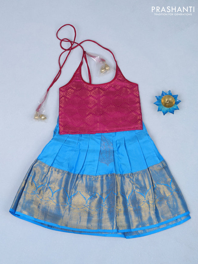 Silk kids lehenga pink and cs blue with zari woven brocade weaves and back knot & zari border for 0-6 months