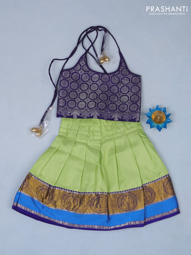 Silk kids lehenga blue and pista green with zari woven brocade weaves and back knot & zari border for 0-6 months