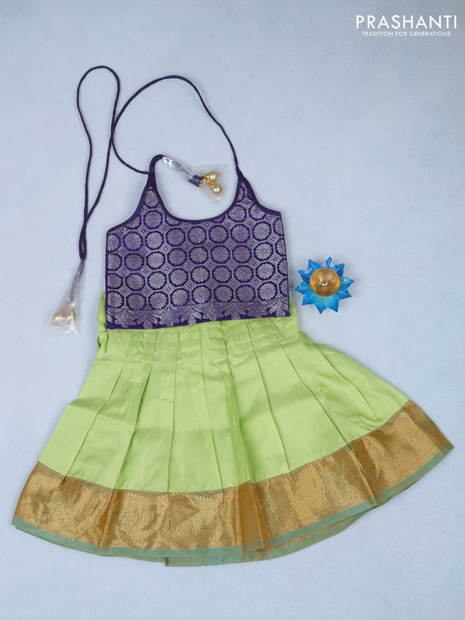 Silk kids lehenga blue and pista green with zari woven brocade weaves and back knot & zari border for 0-6 months