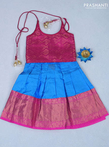 Silk kids lehenga pink and light blue with zari woven brocade weaves and back knot & zari border for 0-6 months