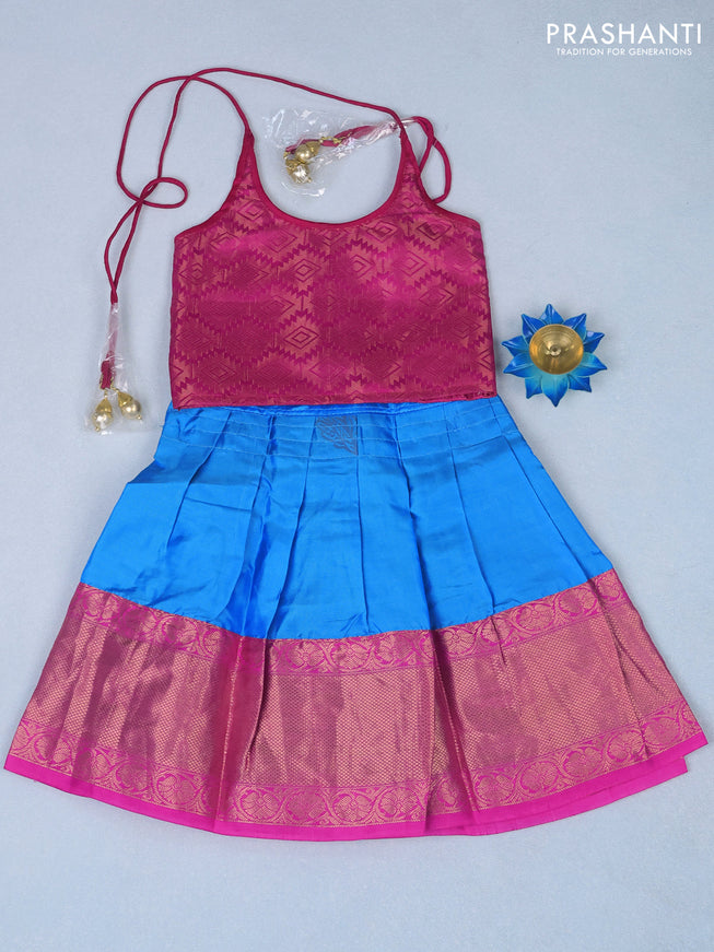 Silk kids lehenga pink and light blue with zari woven brocade weaves and back knot & zari border for 0-6 months