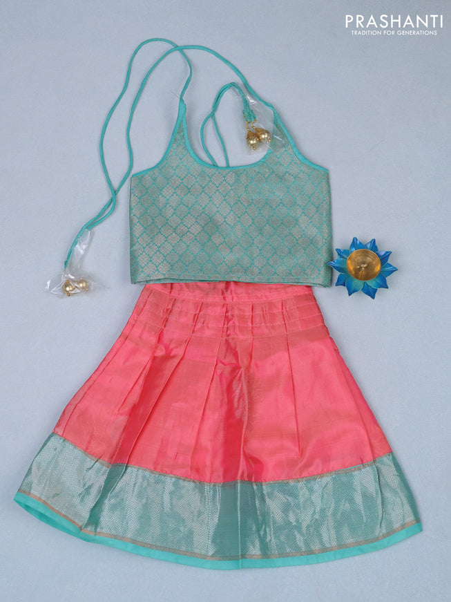 Silk kids lehenga teal blue and peach pink with zari woven brocade weaves and back knot & zari border for 0-6 months