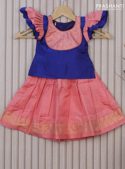 Silk kids lehenga dark blue and peach shade with patch work neck pattern and zari woven border for 0-6 months